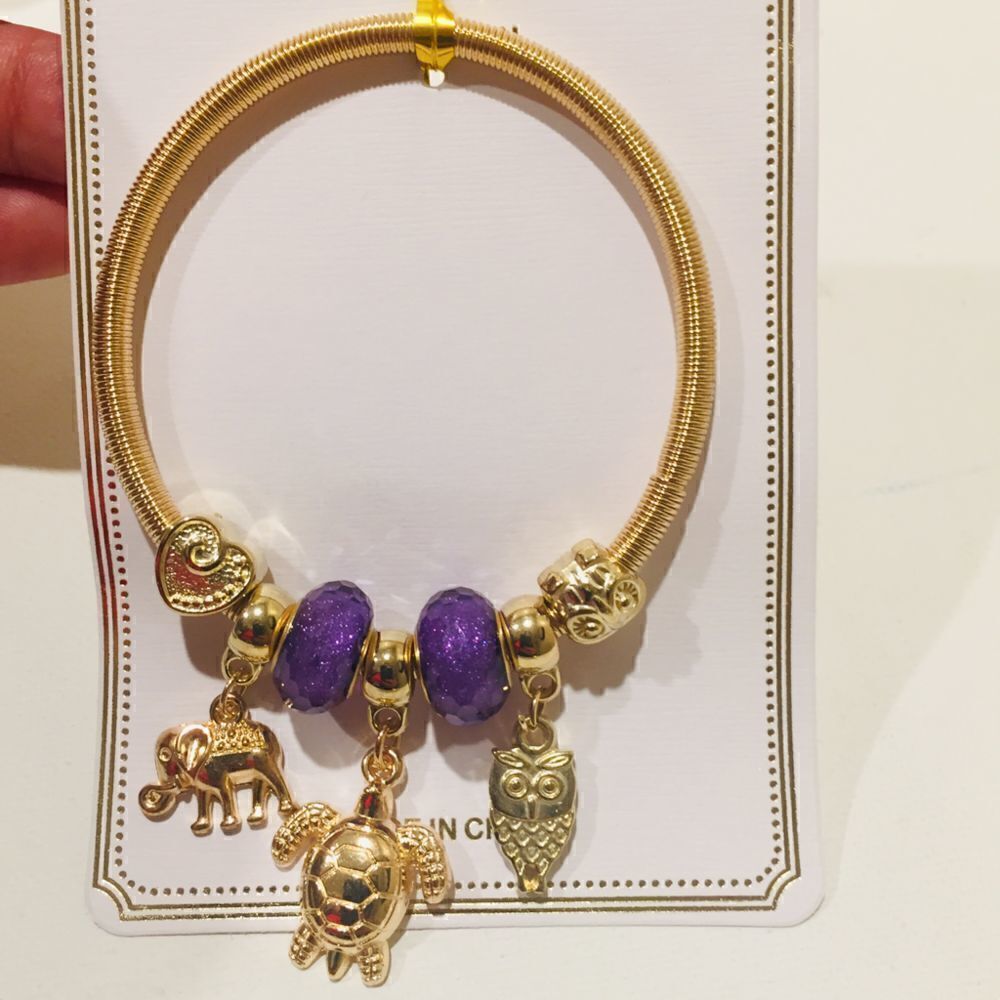 “Ellie” Gold Elephant Purple Beaded Coil Charm Bracelet Stretch